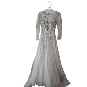 Liz Martinez Dress Womens 4 White Sequin Tulle V Neck Long Sleeve Bridal Wedding